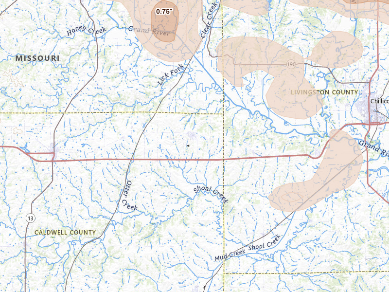 Radar-estimated hail-size map of the storm over Breckenridge, MO on May 16, 2026