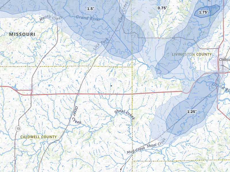 NEXRAD radar-signature map of the hail storm over Breckenridge, MO on May 16, 2026