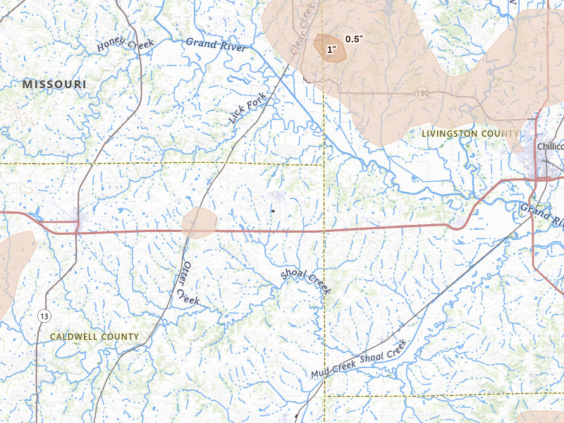 Radar-estimated hail-size map of the storm over Breckenridge, MO on May 31, 2026