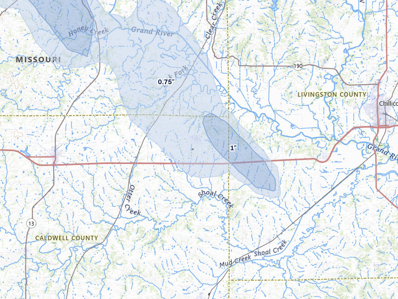 NEXRAD radar-signature map of the hail storm over Breckenridge, MO on Jul 20, 2026