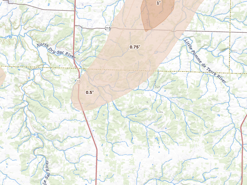 Radar-estimated hail-size map of the storm over Brighton, MO on Jun 25, 2026