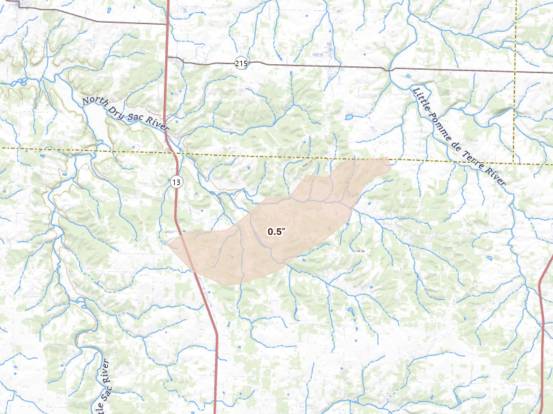 Radar-estimated hail-size map of the storm over Brighton, MO on Jul 9, 2026