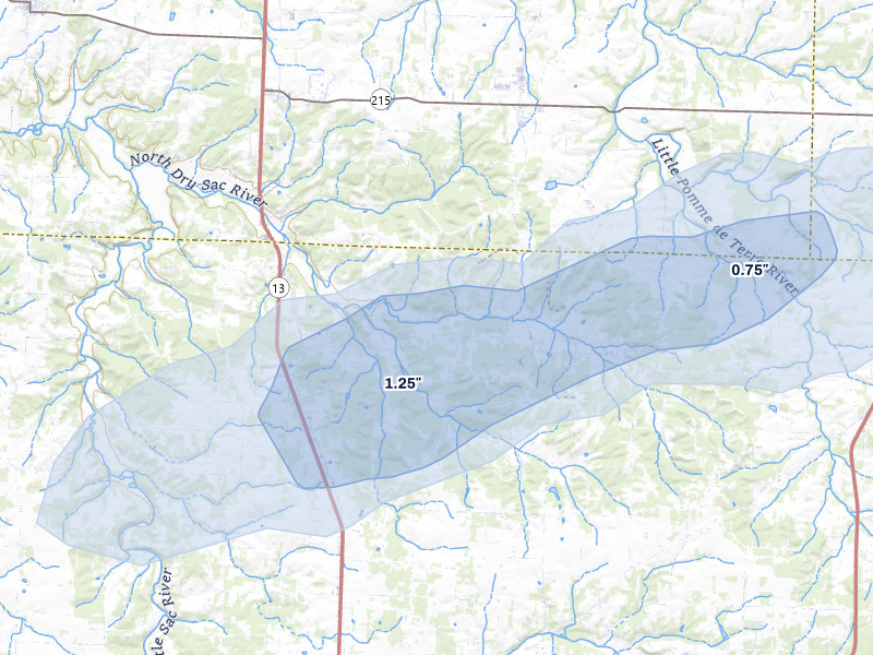 NEXRAD radar-signature map of the hail storm over Brighton, MO on Jul 9, 2026