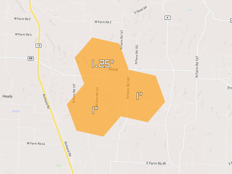 Hail map of Brighton, MO on Jul 9, 2026, hail up to 1.25"