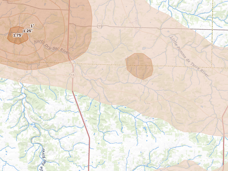 Radar-estimated hail-size map of the storm over Brighton, MO on Aug 6, 2026