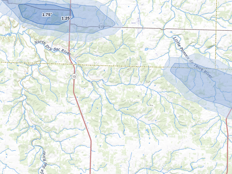 NEXRAD radar-signature map of the hail storm over Brighton, MO on Aug 6, 2026