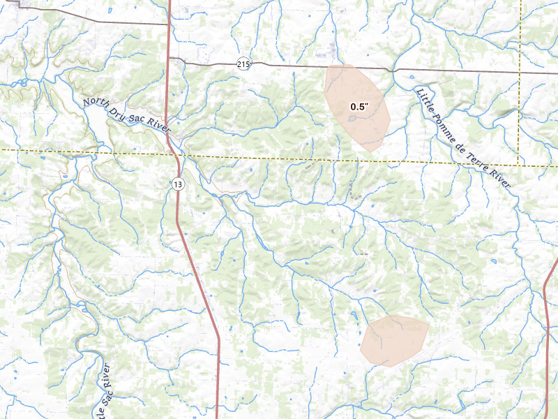 Radar-estimated hail-size map of the storm over Brighton, MO on Aug 16, 2026