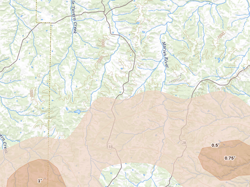 Radar-estimated hail-size map of the storm over Brinktown, MO on May 31, 2026