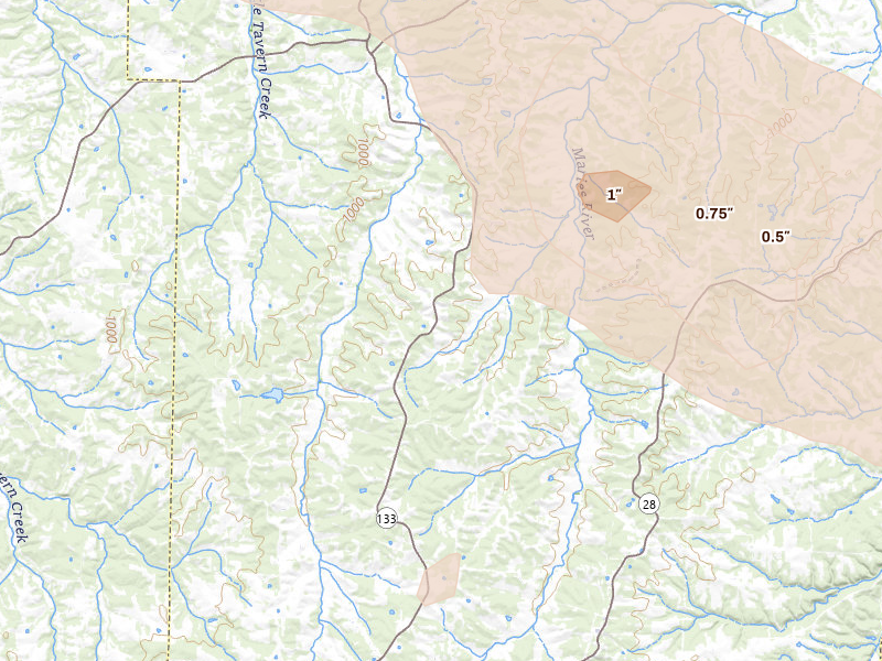 Radar-estimated hail-size map of the storm over Brinktown, MO on Jul 9, 2026