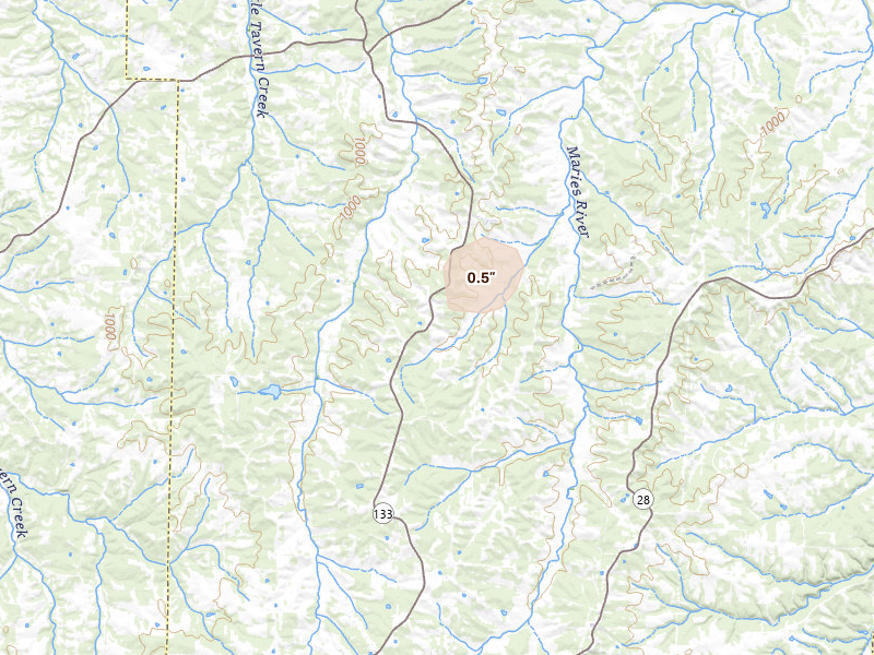 Radar-estimated hail-size map of the storm over Brinktown, MO on Jul 16, 2026