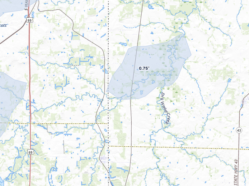 NEXRAD radar-signature map of the hail over Bronaugh, MO