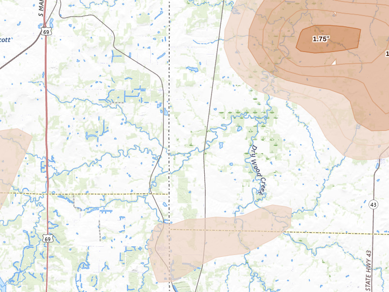 Radar-estimated hail-size map of the storm over Bronaugh, MO on May 30, 2026