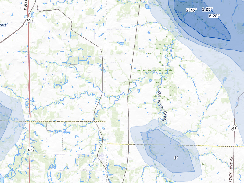 NEXRAD radar-signature map of the hail storm over Bronaugh, MO on May 30, 2026
