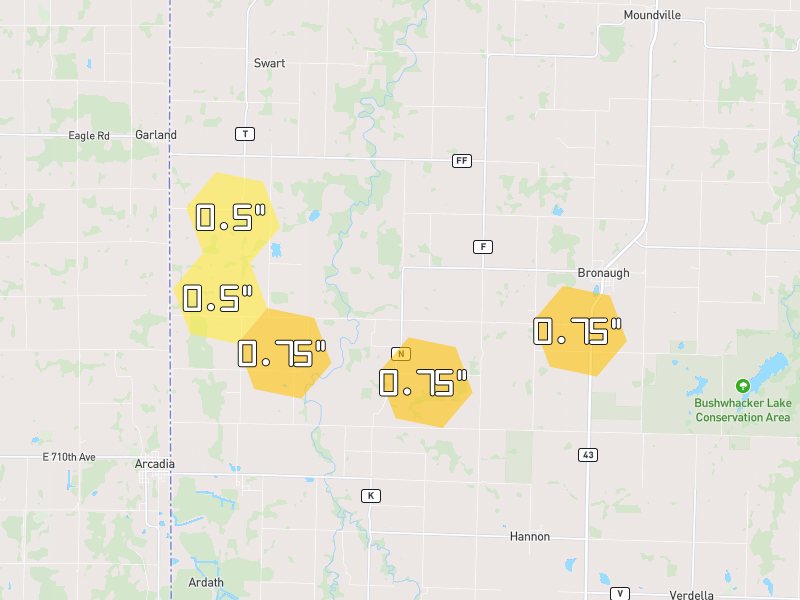 Hail map of Bronaugh, MO on Jun 1, 2026, hail up to 0.75"