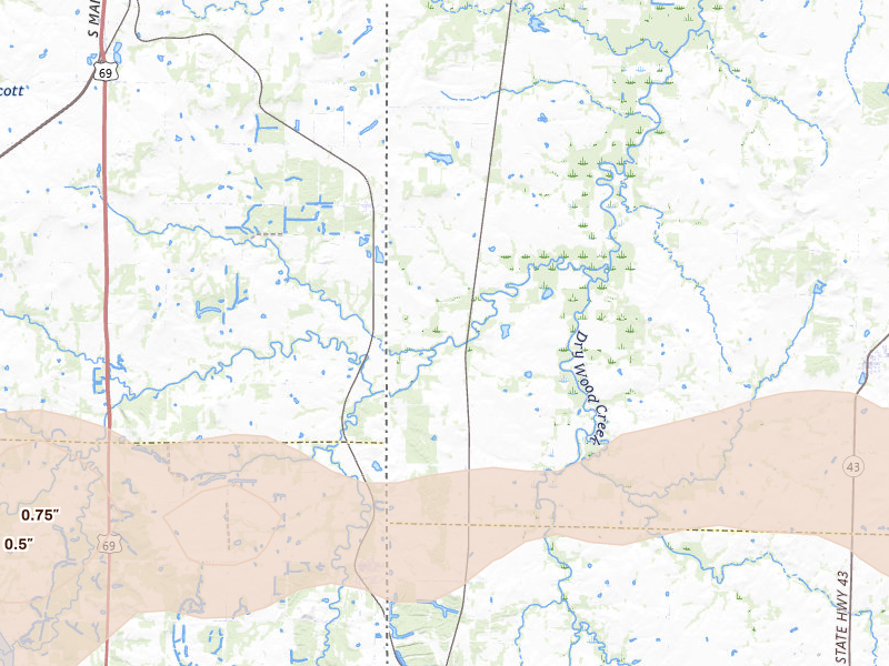 Radar-estimated hail-size map of the storm over Bronaugh, MO on Jul 10, 2026