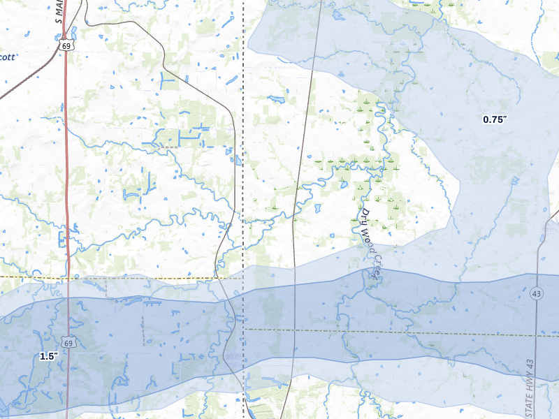 NEXRAD radar-signature map of the hail storm over Bronaugh, MO on Jul 10, 2026