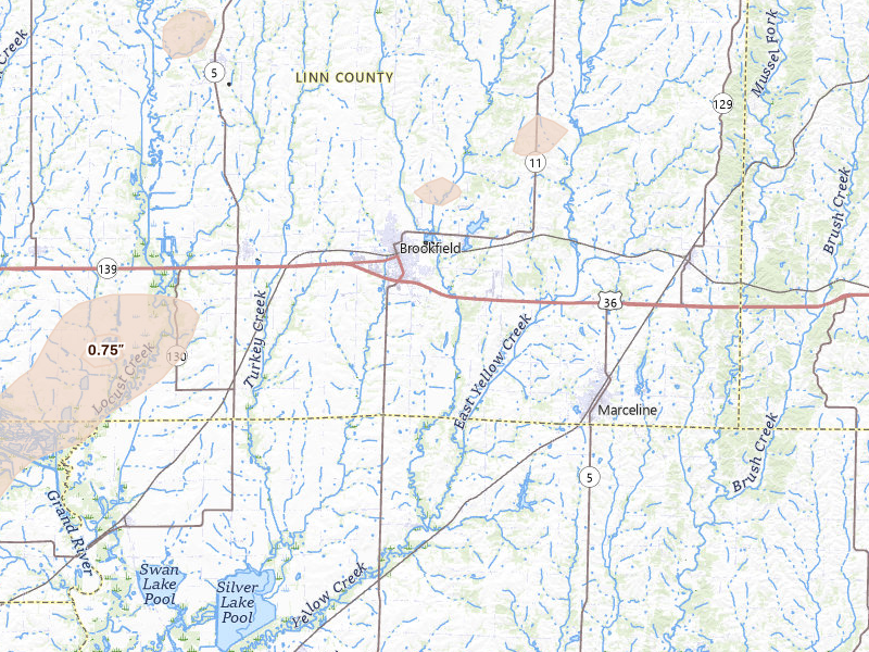Radar-estimated hail-size map of the storm over Brookfield, MO on Apr 15, 2026