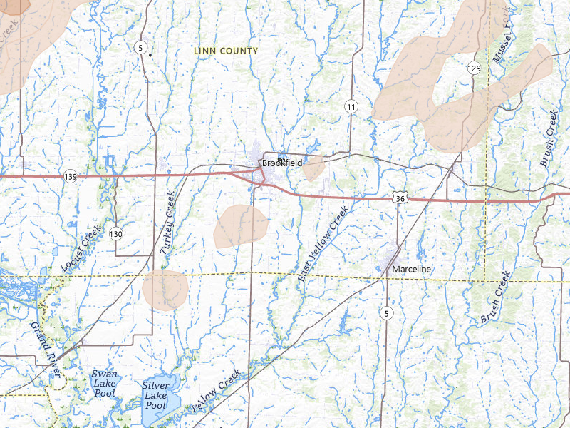Radar-estimated hail-size map of the storm over Brookfield, MO on Apr 17, 2026