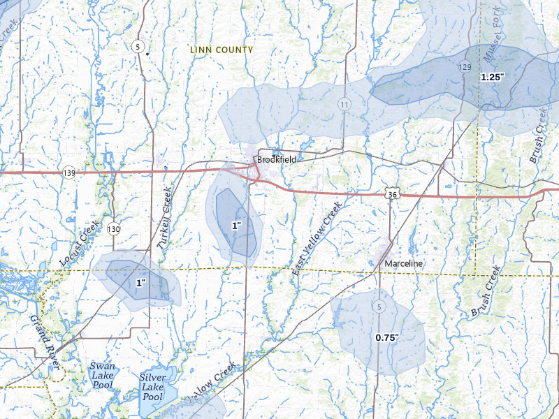 NEXRAD radar-signature map of the hail storm over Brookfield, MO on Apr 17, 2026