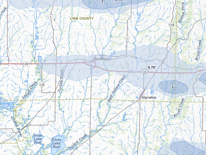 NEXRAD radar-signature map of the hail storm over Brookfield, MO on May 4, 2026