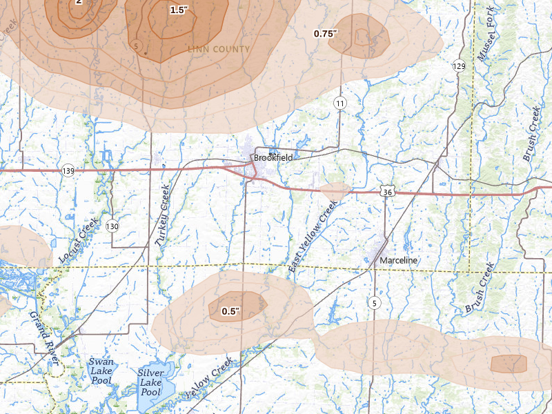 Radar-estimated hail-size map of the storm over Brookfield, MO on May 16, 2026