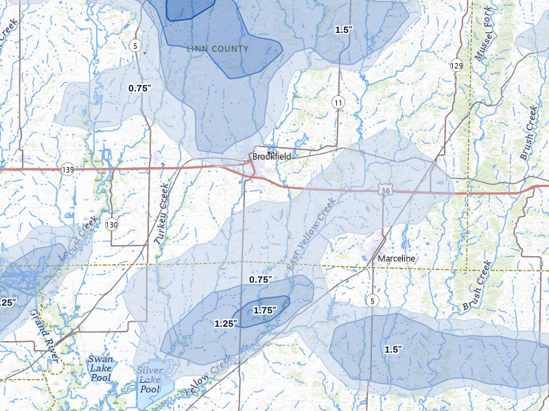 NEXRAD radar-signature map of the hail storm over Brookfield, MO on May 16, 2026