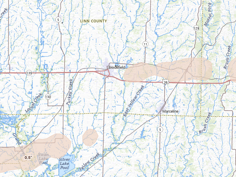 Radar-estimated hail-size map of the storm over Brookfield, MO on Aug 5, 2026