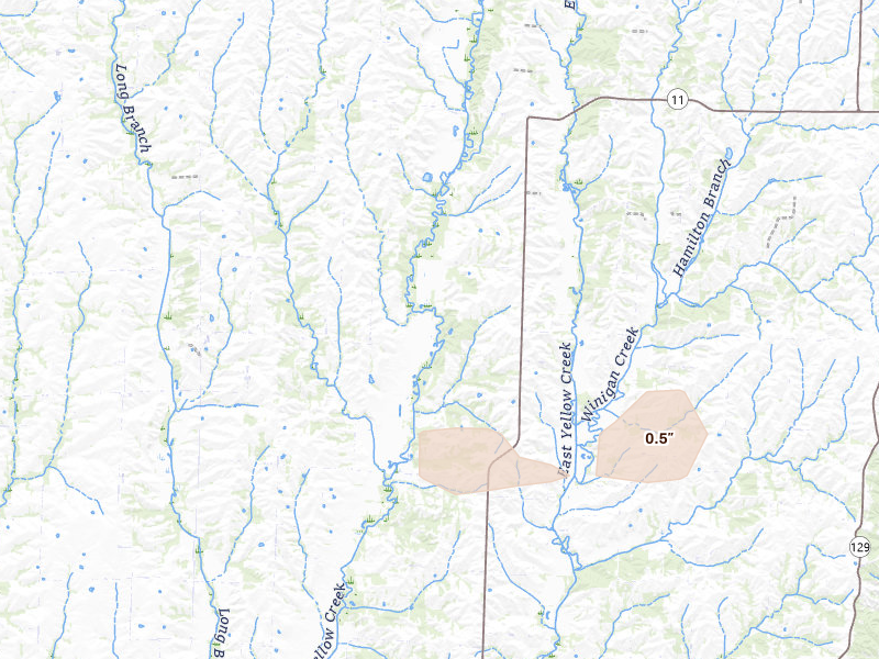 Radar-estimated hail-size map of the storm over Brookfield, MO on Aug 14, 2026