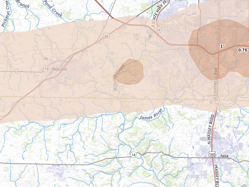 Radar-estimated hail-size map of the storm over Brookline, MO on Apr 27, 2026