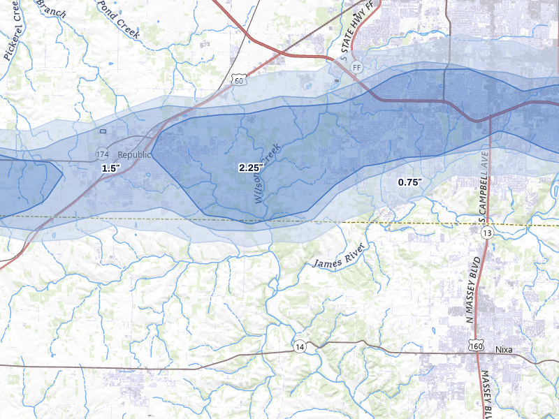 NEXRAD radar-signature map of the hail storm over Brookline, MO on Apr 27, 2026