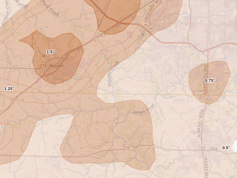 Radar-estimated hail-size map of the storm over Brookline, MO on Apr 28, 2026