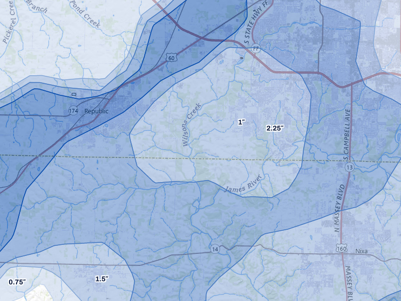 NEXRAD radar-signature map of the hail storm over Brookline, MO on Apr 28, 2026