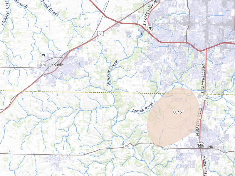Radar-estimated hail-size map of the storm over Brookline, MO on Jul 6, 2026