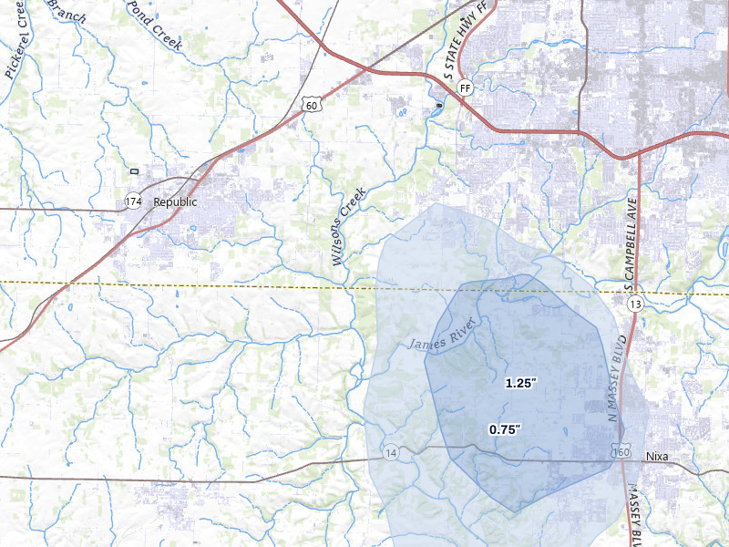 NEXRAD radar-signature map of the hail storm over Brookline, MO on Jul 6, 2026