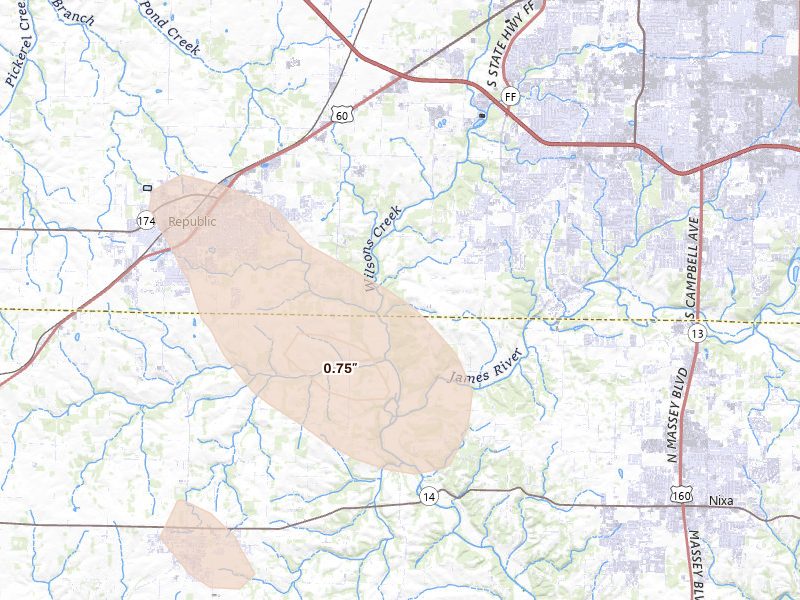 Radar-estimated hail-size map of the storm over Brookline, MO on Aug 7, 2026