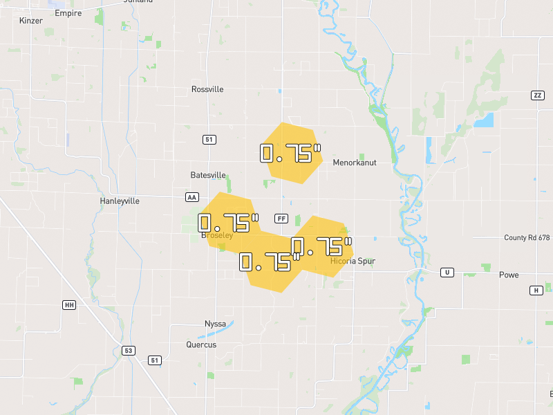 Hail map of Broseley, MO on Jun 26, 2026, hail up to 0.75"