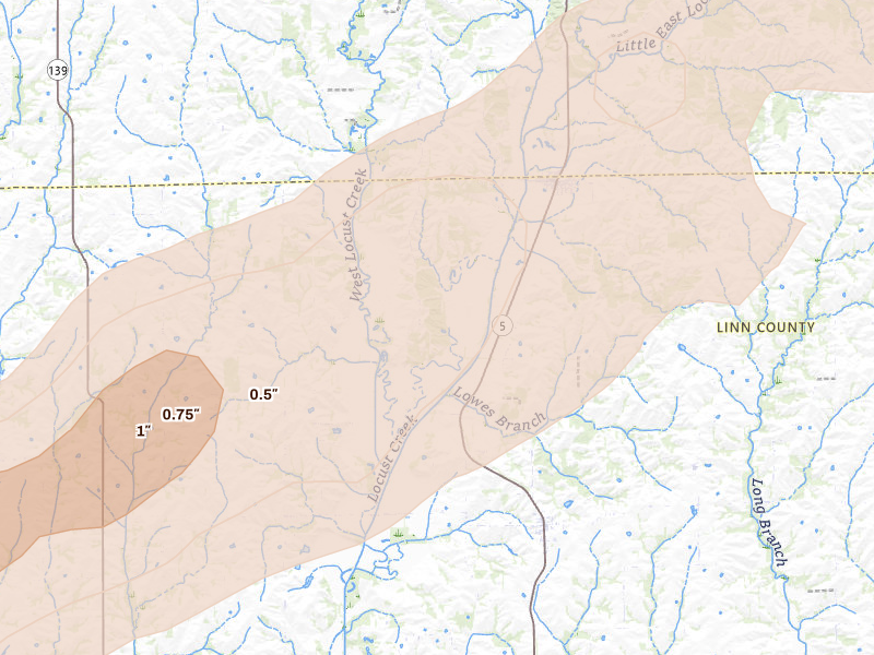 Radar-estimated hail-size map of the storm over Browning, MO on Mar 10, 2026