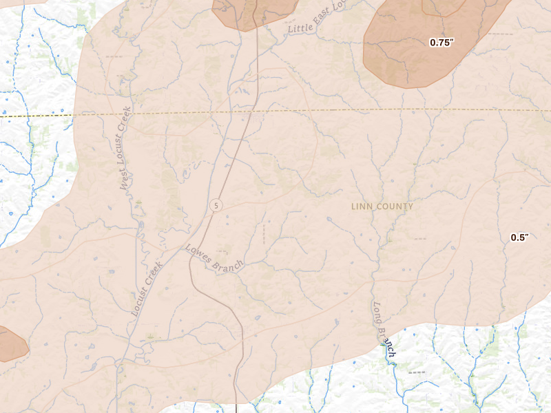 Radar-estimated hail-size map of the storm over Browning, MO on Apr 17, 2026