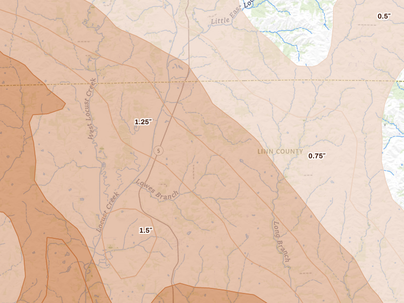 Radar-estimated hail-size map of the storm over Browning, MO on May 16, 2026