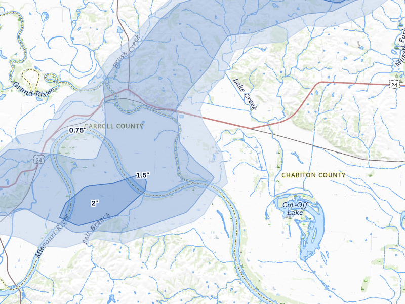NEXRAD radar-signature map of the hail storm over Brunswick, MO on Apr 26, 2026