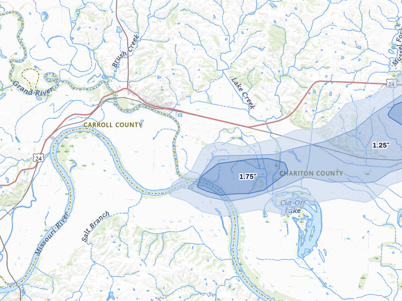 NEXRAD radar-signature map of the hail storm over Brunswick, MO on Apr 27, 2026
