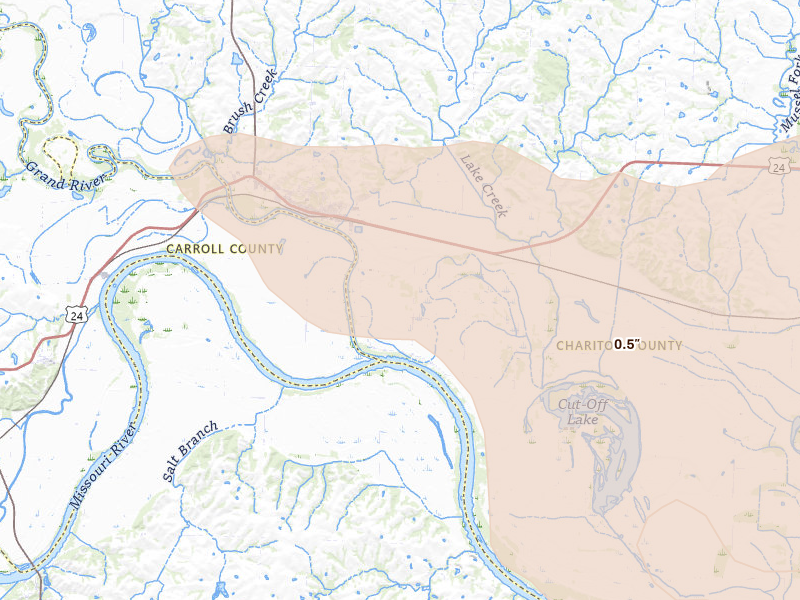 Radar-estimated hail-size map of the storm over Brunswick, MO on May 31, 2026