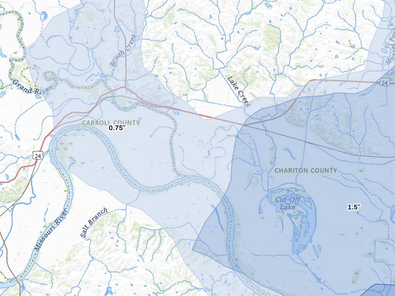 NEXRAD radar-signature map of the hail storm over Brunswick, MO on May 31, 2026