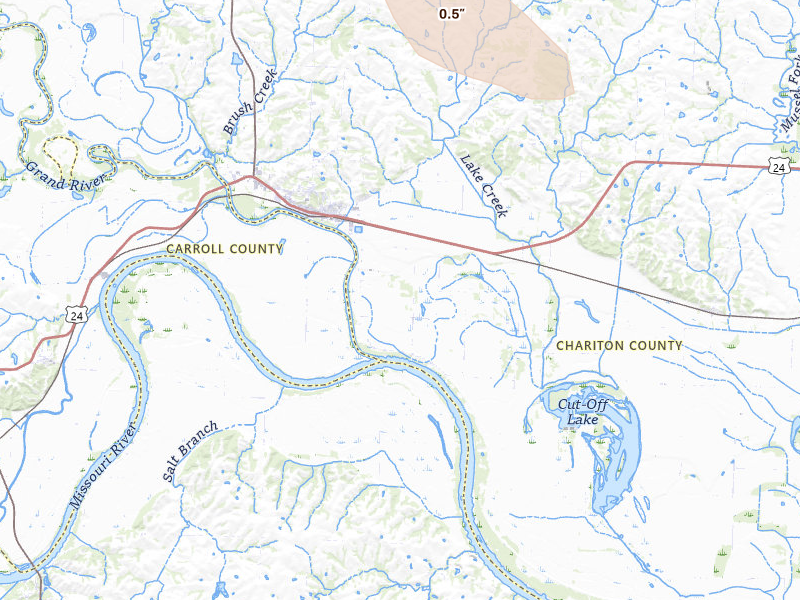 Radar-estimated hail-size map of the storm over Brunswick, MO on Jun 13, 2026