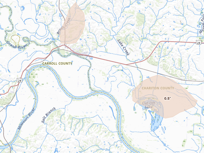 Radar-estimated hail-size map of the storm over Brunswick, MO on Jul 20, 2026