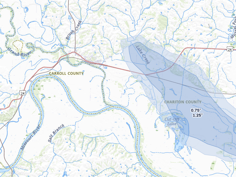NEXRAD radar-signature map of the hail storm over Brunswick, MO on Jul 20, 2026