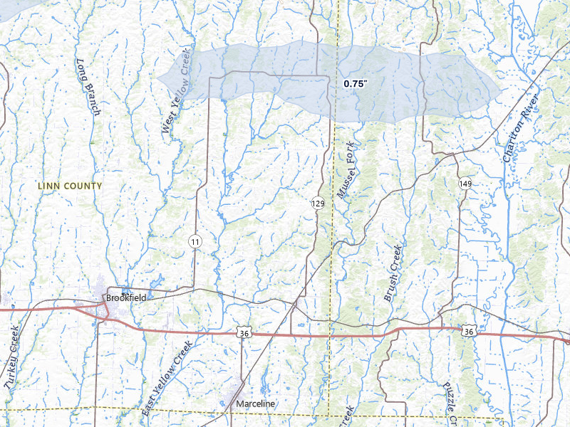 NEXRAD radar-signature map of the hail storm over Bucklin, MO on Mar 26, 2026