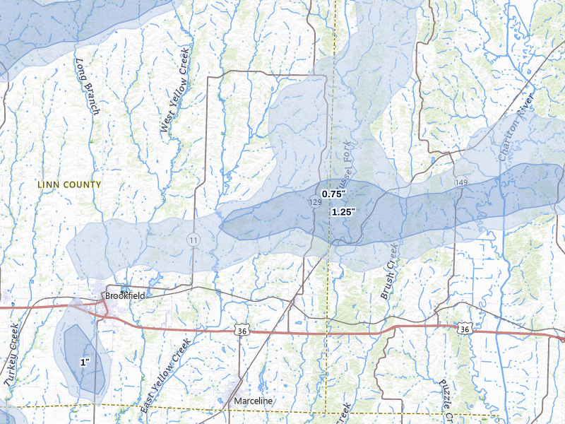 NEXRAD radar-signature map of the hail storm over Bucklin, MO on Apr 17, 2026