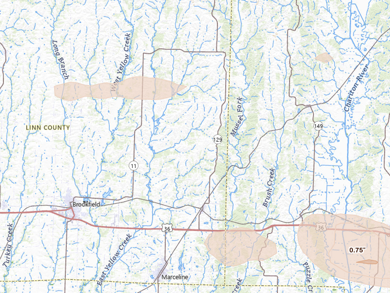 Radar-estimated hail-size map of the storm over Bucklin, MO on May 4, 2026