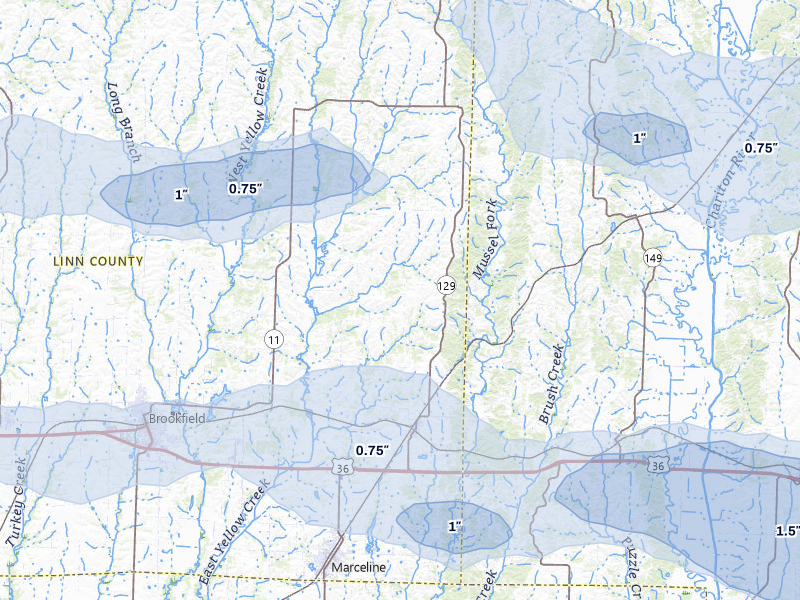 NEXRAD radar-signature map of the hail storm over Bucklin, MO on May 4, 2026